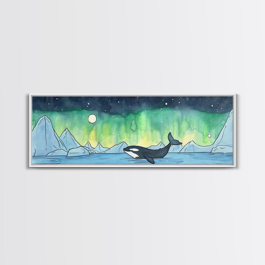 Orca Whale Under Northern Lights Wall Art, Arctic Seascape Canvas Print, Ocean Animal Art, Nautical Nursery Decor Gift Idea