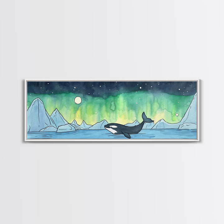 Orca Whale Under Northern Lights Wall Art, Arctic Seascape Canvas Print, Ocean Animal Art, Nautical Nursery Decor Gift Idea