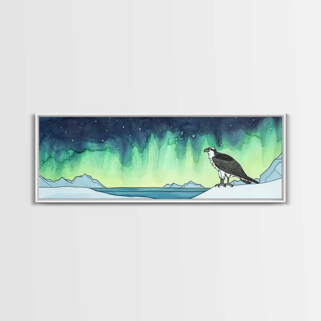 Osprey Over Icy Shore And Northern Lights Wall Art, Arctic Bird Canvas Print, Wildlife Nature Decor, Rustic Cabin Gift For Him