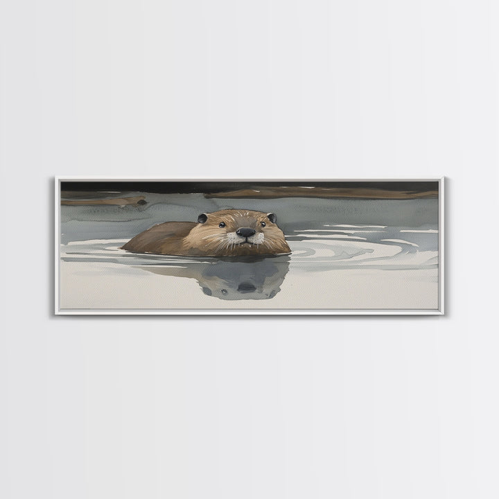 Swimming Otter In Moody Water Wall Art, Wildlife Canvas Print, Cozy Cabin Rustic Lake House Decor, Animal Lover Gift For Her