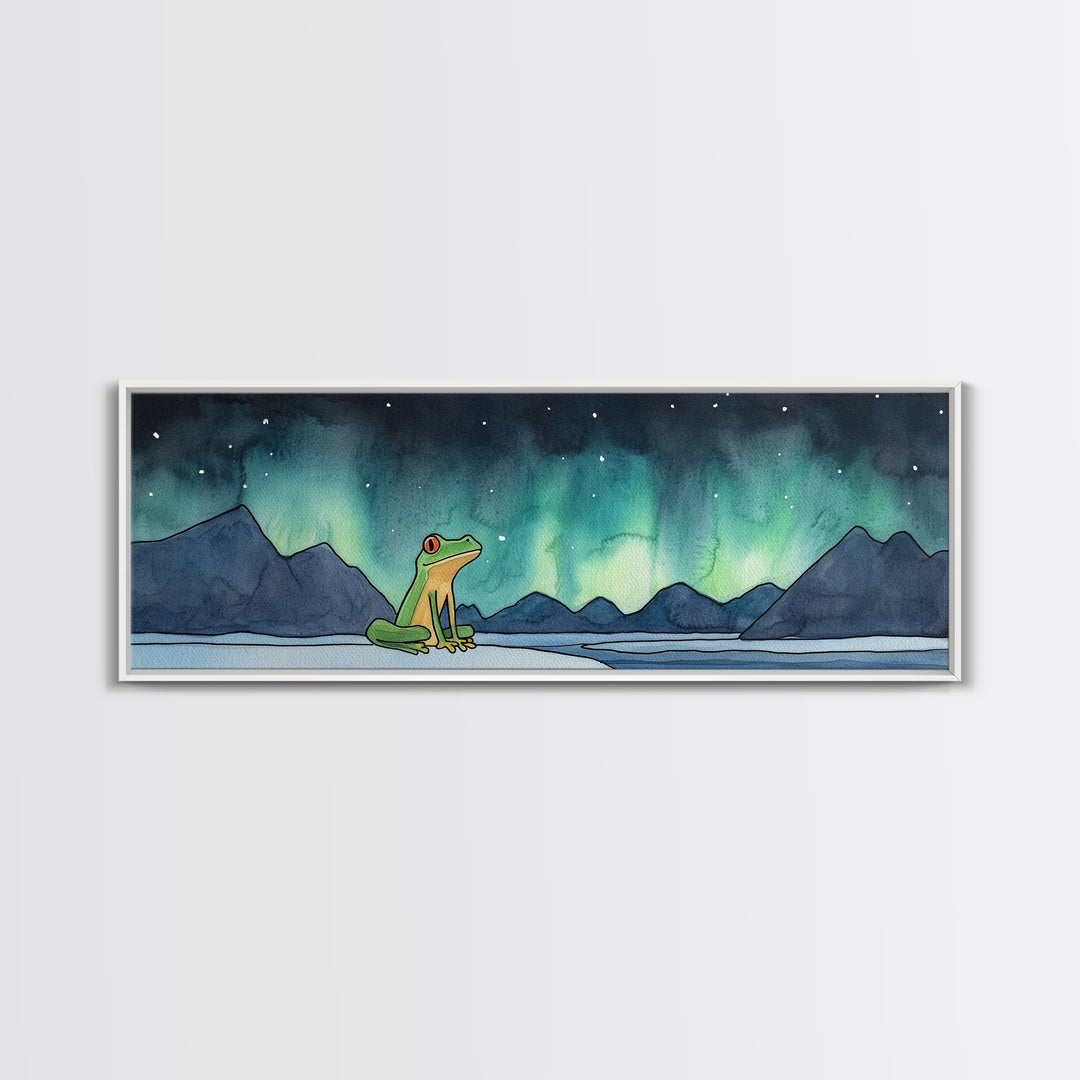 Green Frog Under Northern Lights Wall Art, Whimsical Animal Print, Mountain Lake Nursery Decor, Kids Room Wall Decor Gift