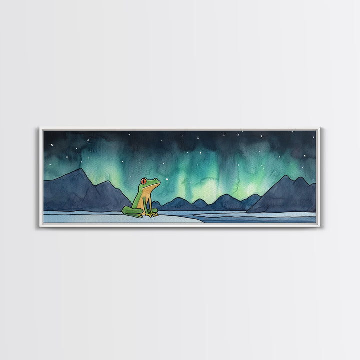 Green Frog Under Northern Lights Wall Art, Whimsical Animal Print, Mountain Lake Nursery Decor, Kids Room Wall Decor Gift