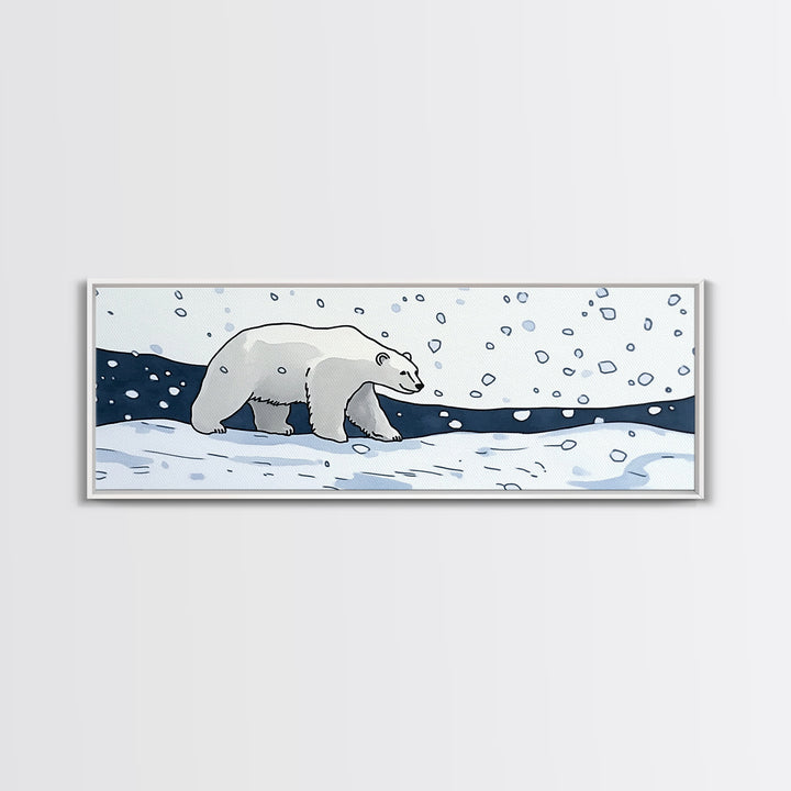 Polar Bear Walking In Falling Snow Canvas Print, Arctic Animal Wall Art, Winter Nursery Decor, Kids Room Wall Decor, Cabin Gift For Her