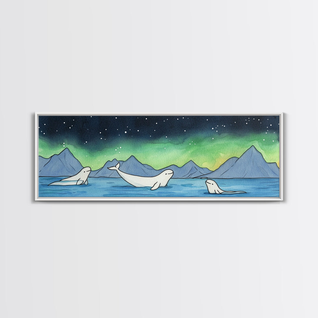 Beluga Whales Under Northern Lights Wall Art, Arctic Ocean Canvas Print, Wildlife Nursery Decor, Coastal Kids Room Art Print