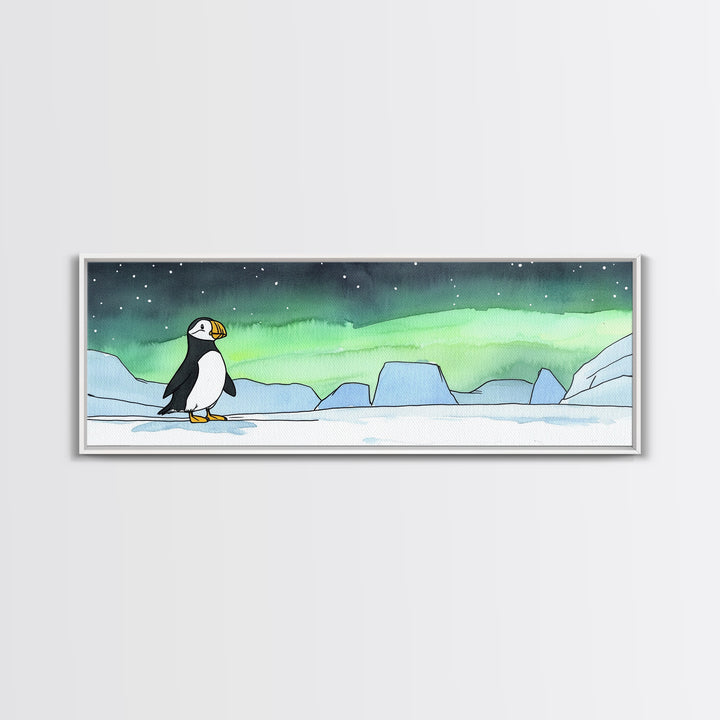 Puffin On Icy Shore Under Northern Lights Wall Art, Arctic Bird Canvas Print, Wildlife Nursery Decor, Coastal Wall Decor