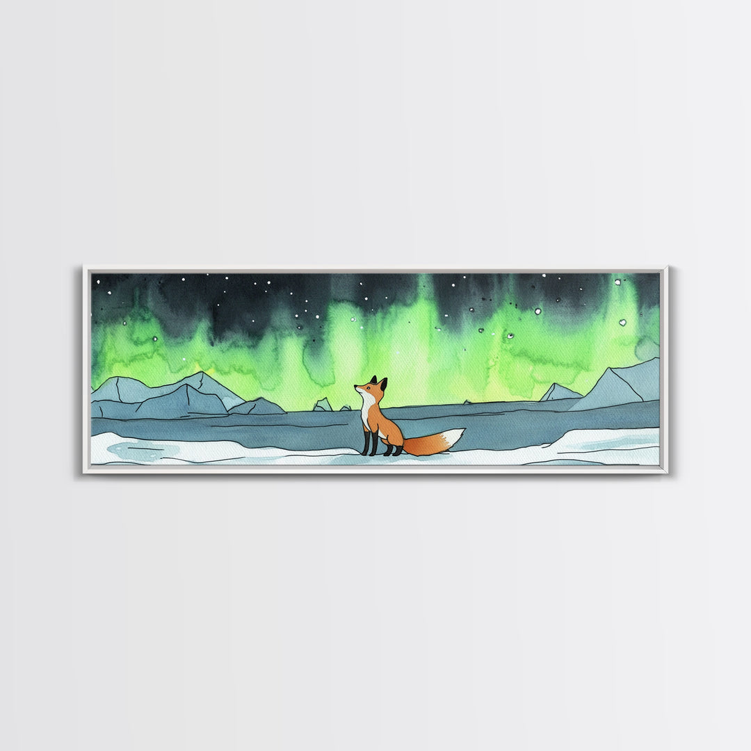 Fox Watching Northern Lights Wall Art, Arctic Wildlife Canvas Print, Woodland Animal Nursery Decor, Winter Landscape Print