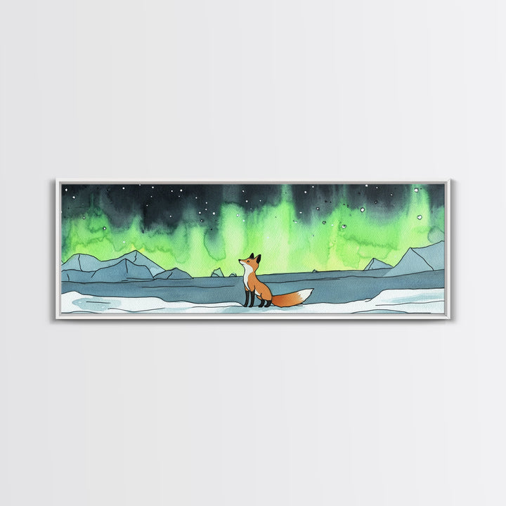 Fox Watching Northern Lights Wall Art, Arctic Wildlife Canvas Print, Woodland Animal Nursery Decor, Winter Landscape Print