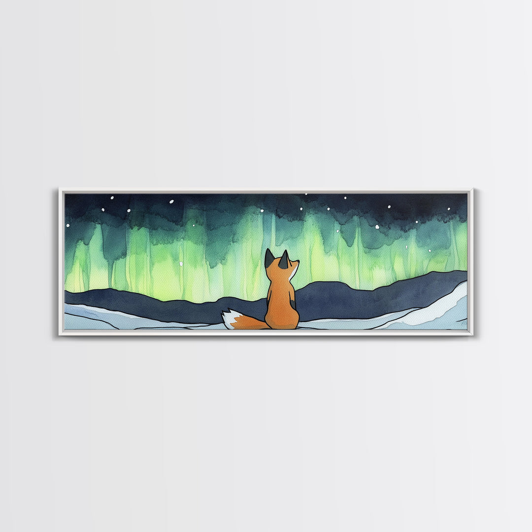 Fox Beneath Aurora Borealis Canvas Print, Winter Woodland Wall Art, Arctic Animal Decor, Cozy Nursery Art Print, Kids Room Decor