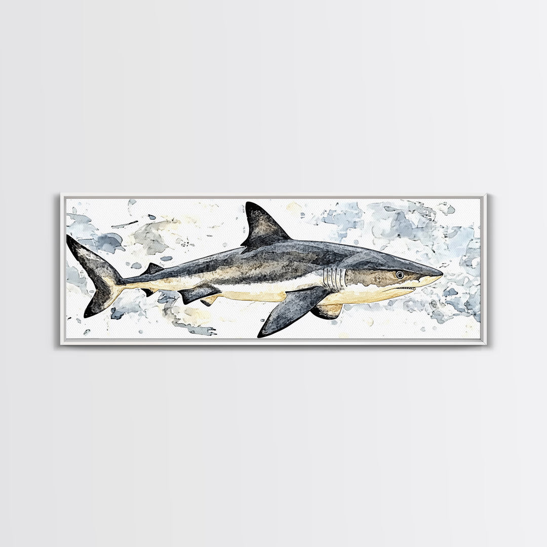 Great White Shark Watercolor Canvas Print, Ocean Wildlife Wall Art, Nautical Bathroom Decor, Coastal Kids Room Art Print
