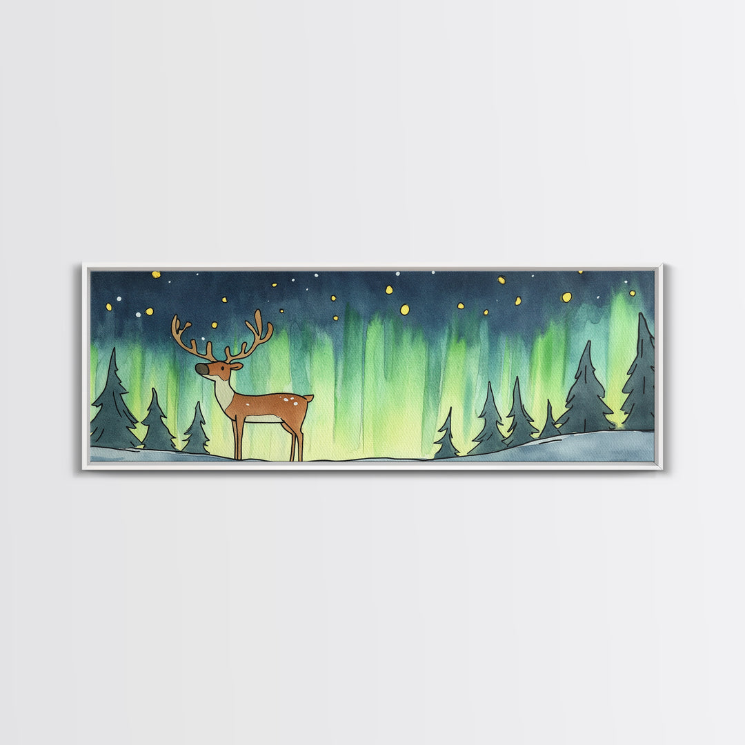 Deer Under Northern Lights Wall Art, Winter Forest Canvas Print, Rustic Wildlife Decor, Woodland Nursery Art Print, Cabin Wall Decor