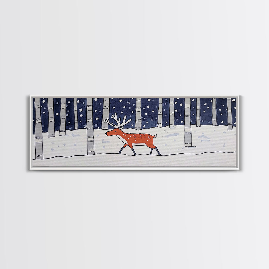 Snowy Birch Forest Reindeer Wall Art, Whimsical Woodland Animal Print, Winter Nursery Decor, Rustic Cabin Home Decor Gift