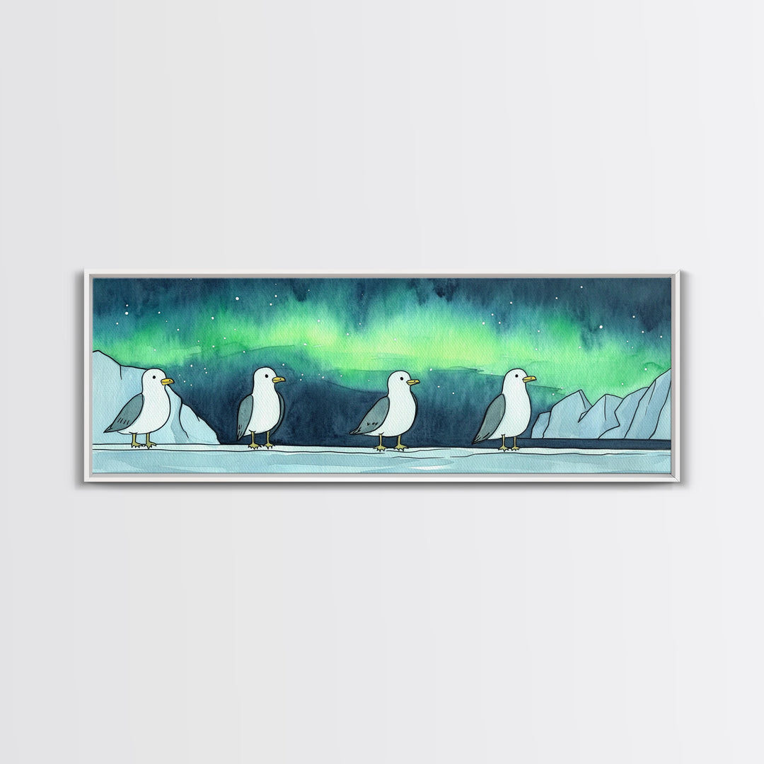 Northern Lights Penguin Wall Art, Cute Arctic Animal Print, Whimsical Nursery Decor, Coastal Ocean Home Decor Gift For Her
