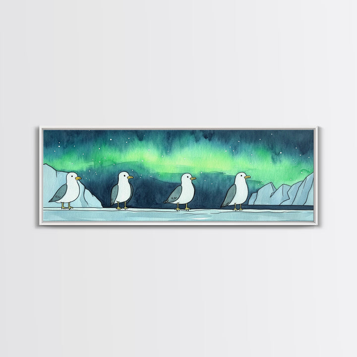 Northern Lights Penguin Wall Art, Cute Arctic Animal Print, Whimsical Nursery Decor, Coastal Ocean Home Decor Gift For Her