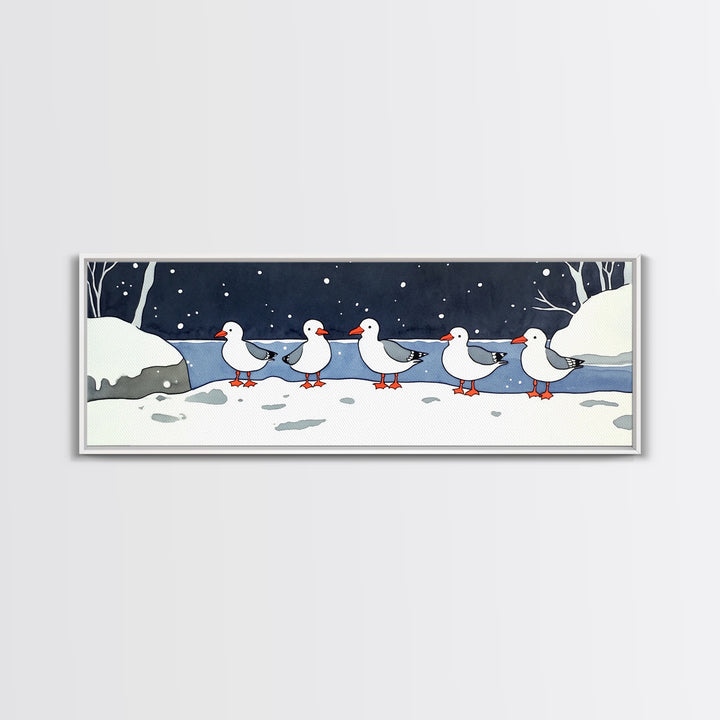 Snowy Ducks In Winter Pond Wall Art, Whimsical Bird Print, Farmhouse Cabin Decor, Cute Animal Nursery Wall Decor Gift Idea