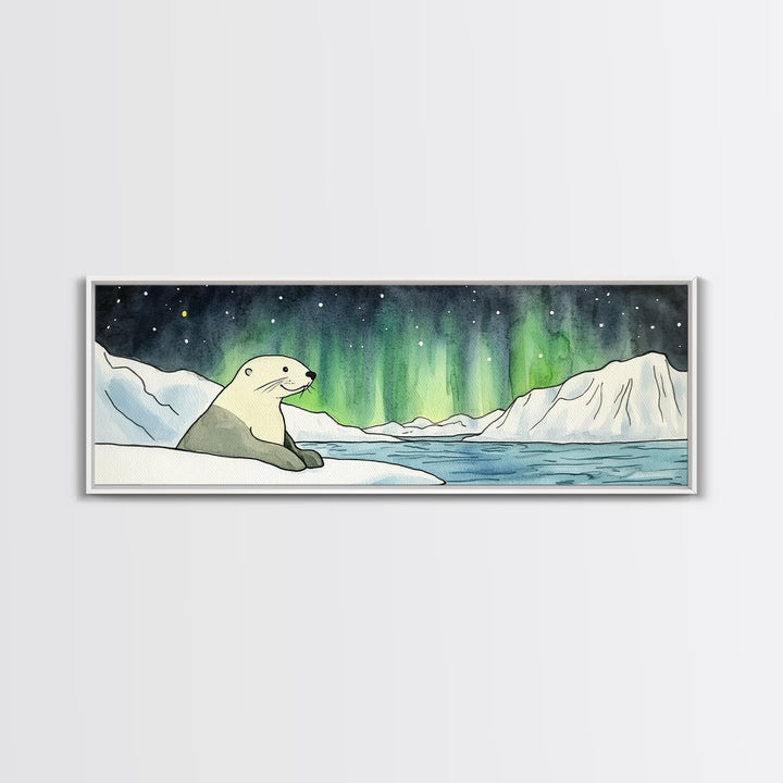 Polar Bear Northern Lights Wall Art, Arctic Wildlife Print, Winter Landscape Decor, Coastal Ocean Nursery Wall Decor Gift