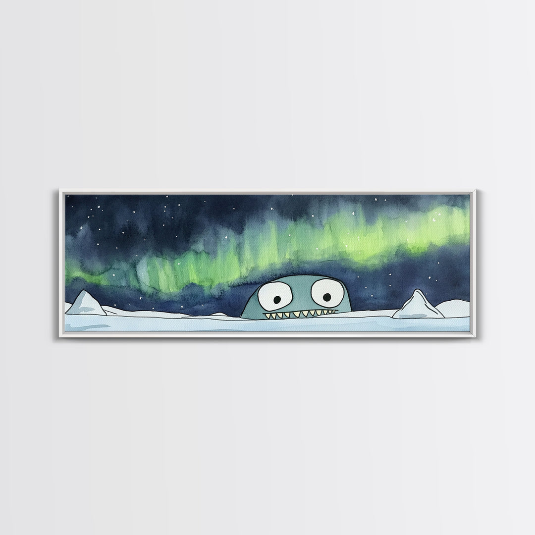 Cute Sea Monster Northern Lights Wall Art, Whimsical Arctic Print, Kids Room Decor, Playroom Nursery Wall Decor Gift For Kids