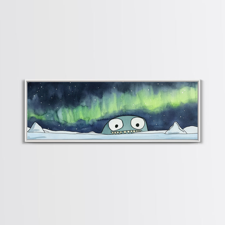 Cute Sea Monster Northern Lights Wall Art, Whimsical Arctic Print, Kids Room Decor, Playroom Nursery Wall Decor Gift For Kids