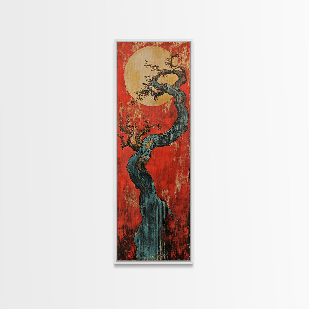 Twisted Blue Tree And Full Moon Framed Canvas Print, Japanese Wall Art, Red Sunset Decor, Long Narrow Statement Artwork Print