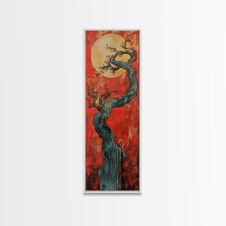 Twisted Blue Tree And Full Moon Framed Canvas Print, Japanese Wall Art, Red Sunset Decor, Long Narrow Statement Artwork Print