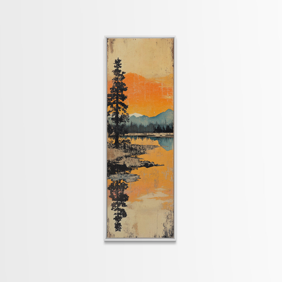 Orange Mountain Lake Reflection Canvas Print, Japanese Landscape Wall Art, Pine Forest Decor, Serene Sunset Living Room Art