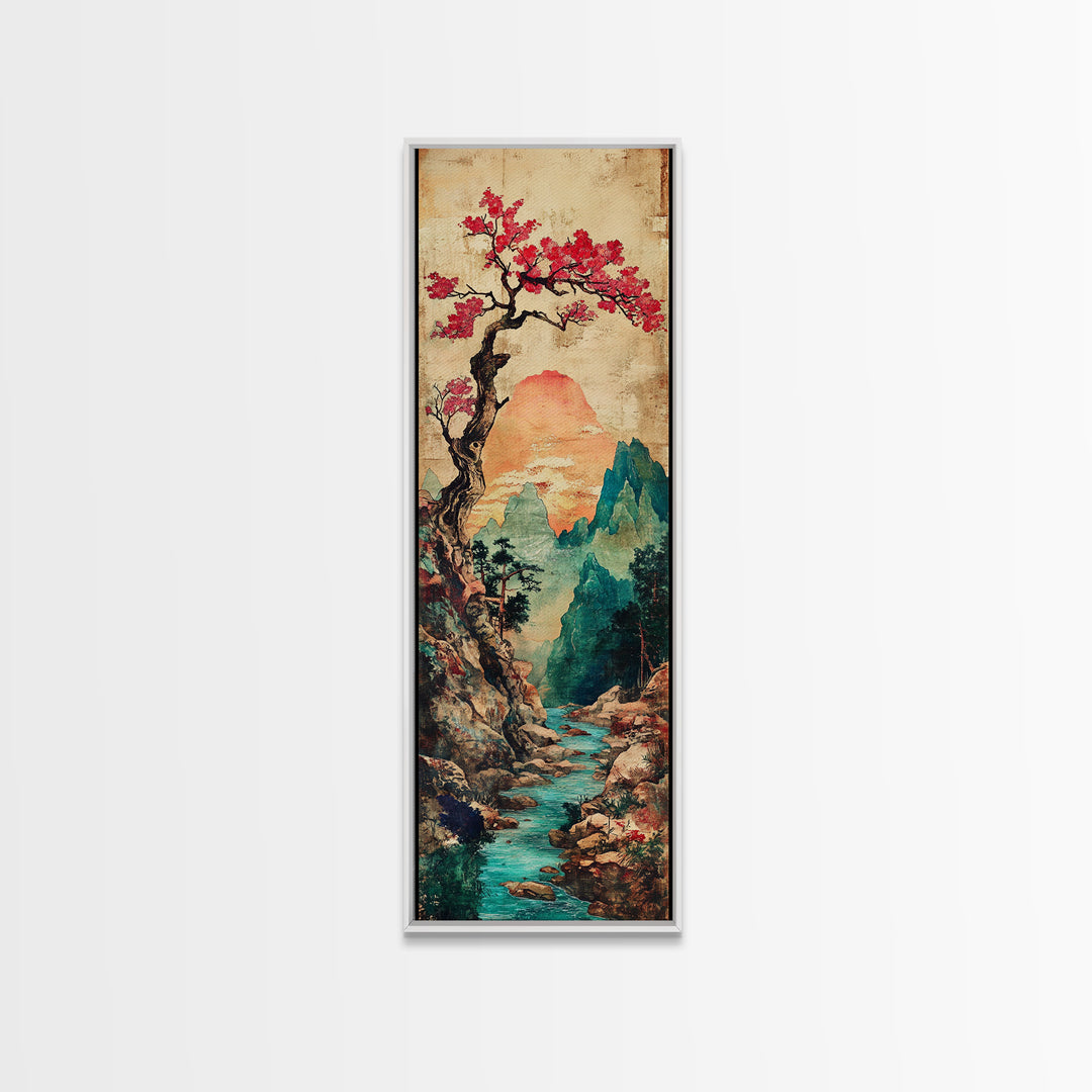 Cherry Blossom Mountain River Canvas Print, Japanese Landscape Wall Art, Teal Nature Decor, Romantic Spring Home Decor Print