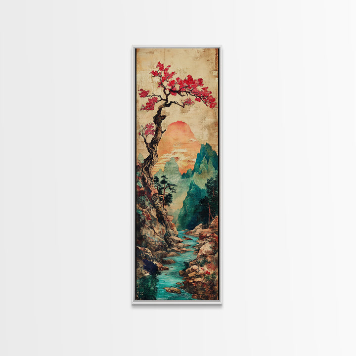 Cherry Blossom Mountain River Canvas Print, Japanese Landscape Wall Art, Teal Nature Decor, Romantic Spring Home Decor Print