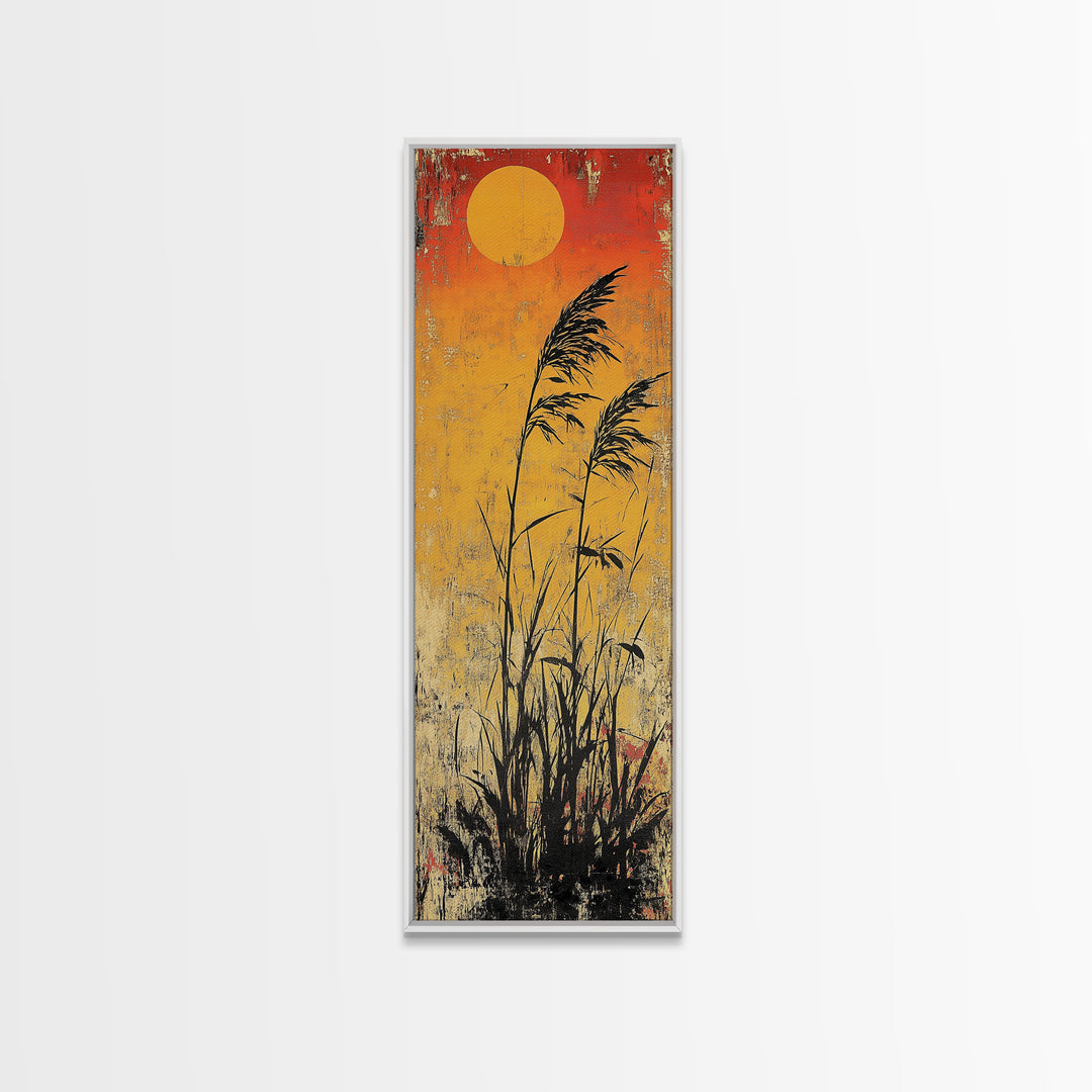 Golden Sun Reeds Silhouette Wall Art, Japanese Minimalist Print, Warm Orange Decor, Long Narrow Boho Canvas Print Home Decor