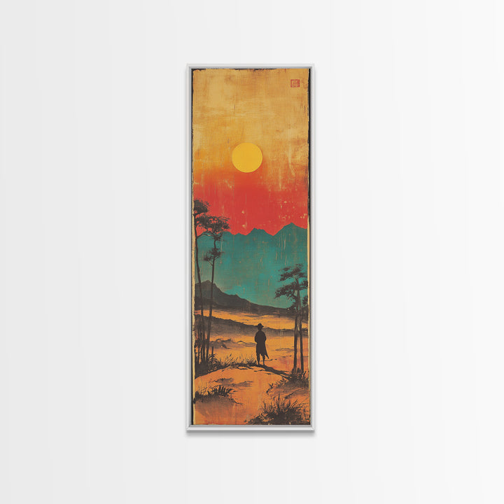 Lone Figure At Sunset Mountain Lake Framed Canvas Print, Japanese Landscape Wall Art, Moody Nature Decor, Vertical Poster