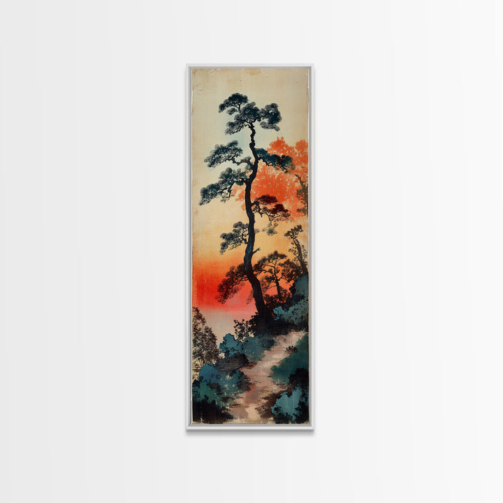 Tall Pine Trees At Sunset Wall Art, Japanese Forest Landscape Print, Misty Nature Decor, Long Vertical Canvas Print Home Decor