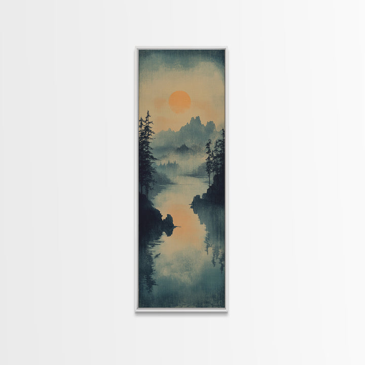 Misty Pine Lake Sunset Wall Art, Japanese Landscape Print, Moody Mountain Decor, Calming Nature Art For Living Room Wall Decor