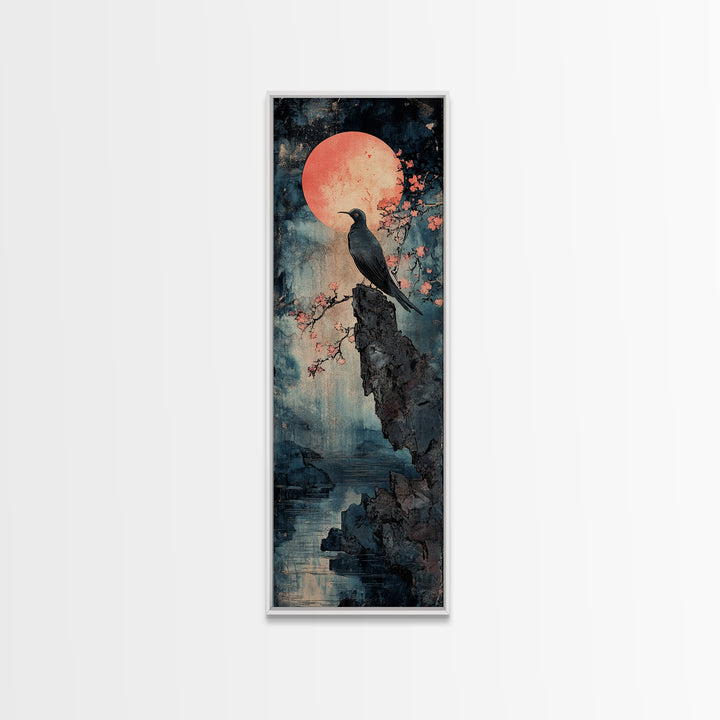 Black Bird By Pink Moon, Japanese Seascape Wall Art, Cherry Blossom Print, Moody Coastal Decor, Large Canvas Wall Art For Living Room