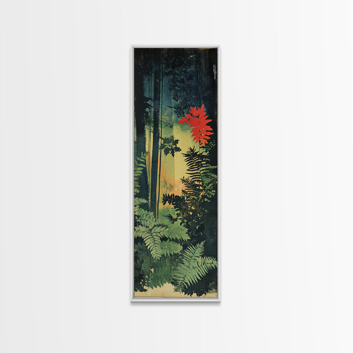 Dark Forest Ferns With Red Maple Glow Wall Art, Botanical Nature Print, Moody Woodland Decor, Large Framed Canvas Print For Spa Decor