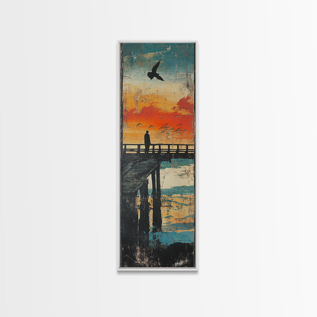Sunset Pier Silhouette Framed Canvas Print, Coastal Wall Art, Ocean Landscape Art, Seaside Wall Decor, Living Room Decor