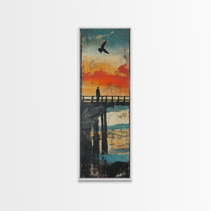 Sunset Pier Silhouette Framed Canvas Print, Coastal Wall Art, Ocean Landscape Art, Seaside Wall Decor, Living Room Decor