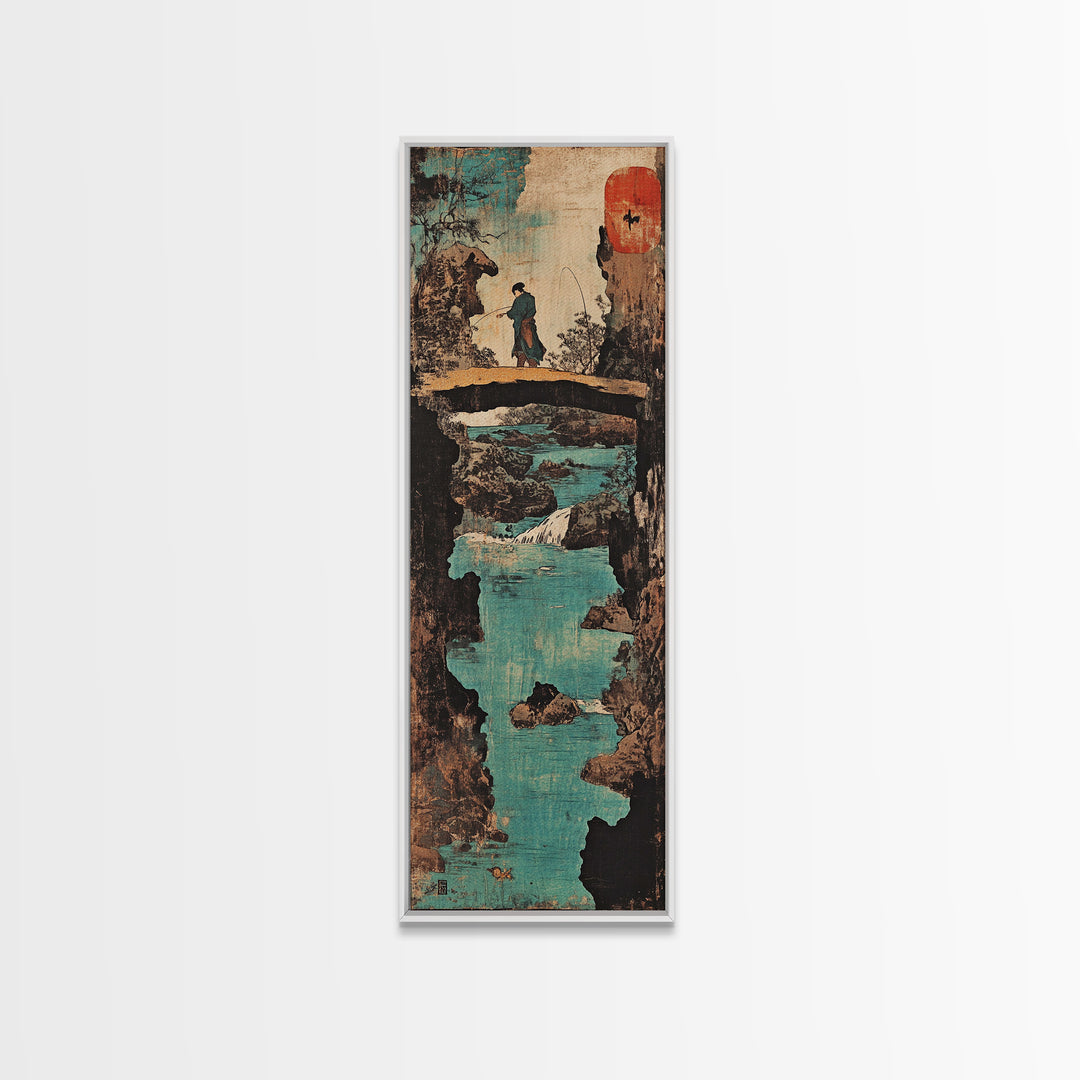Japanese Bridge Fisherman Wall Art, Asian Landscape Print, Zen Home Decor, Japandi Wall Decor, Serene Living Room Art Gift