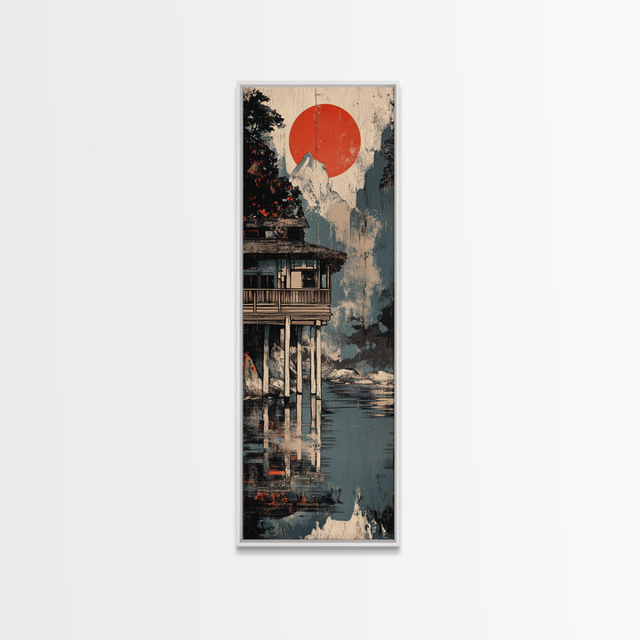 Mountain Lake Cabin Canvas Print, Japanese Wall Art, Japandi Wall Decor, Serene Landscape Art, Modern Coastal Home Decor
