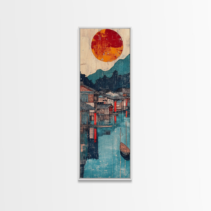 Harbor Village At Sunset Framed Canvas Print, Japanese Wall Art, Mountain Lake Decor, Asian Landscape Print, Coastal Home Decor