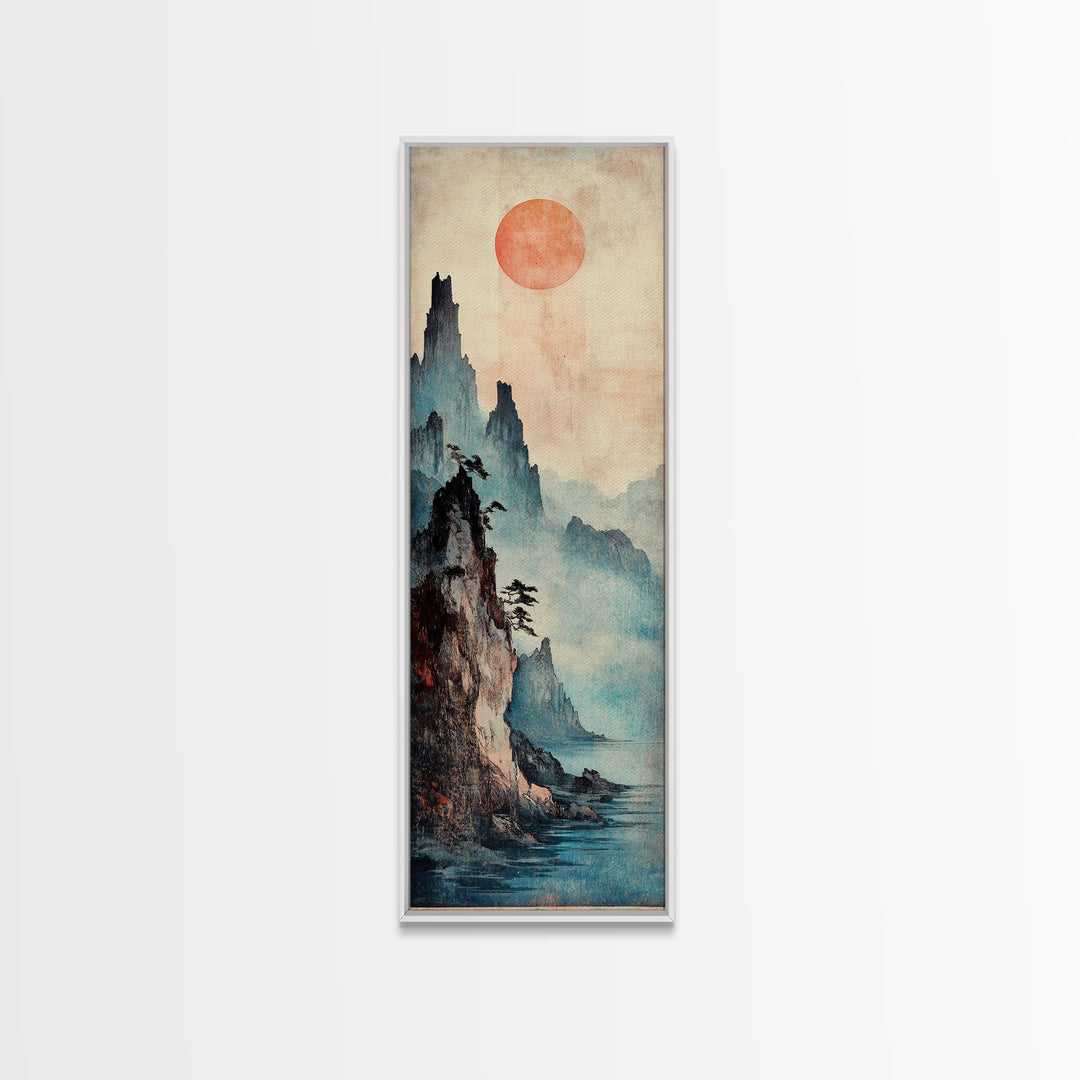Red Sun Misty Mountain Wall Art, Japanese Landscape Canvas Print, Moody Asian Decor, Serene Nature Art For Living Room Decor