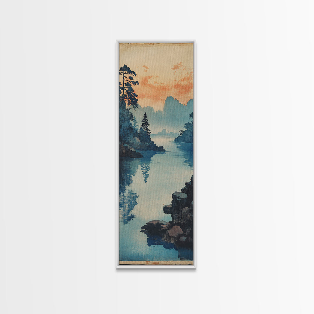 Blue Lake And Pine Forest Wall Art, Japanese Landscape Canvas Print, Serene Coastal Nature Decor For Living Room Above Sofa Decor