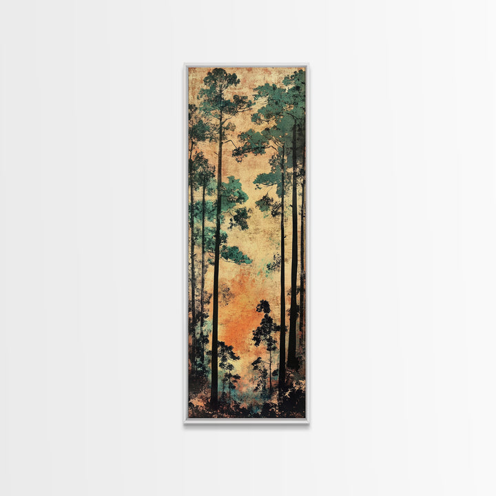 Tall Pine Forest Wall Art, Japanese Woodland Canvas Print, Rustic Nature Decor, Vertical Landscape For Cabin Living Room