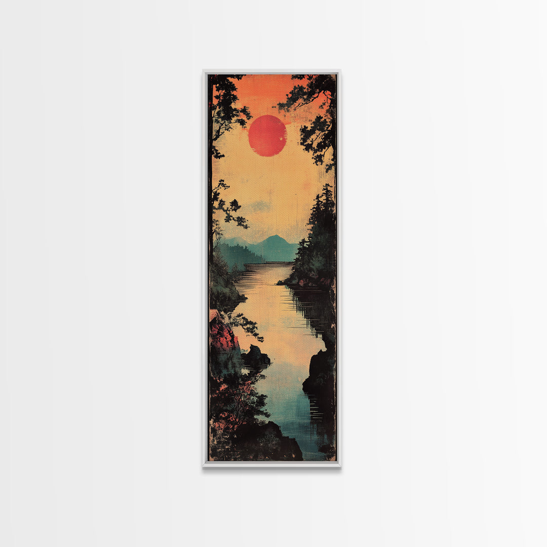 Red Sun River Wall Art, Japanese Pine Landscape Canvas Print, Serene Mountain Lake Decor For Living Room Above Sofa Wall Decor