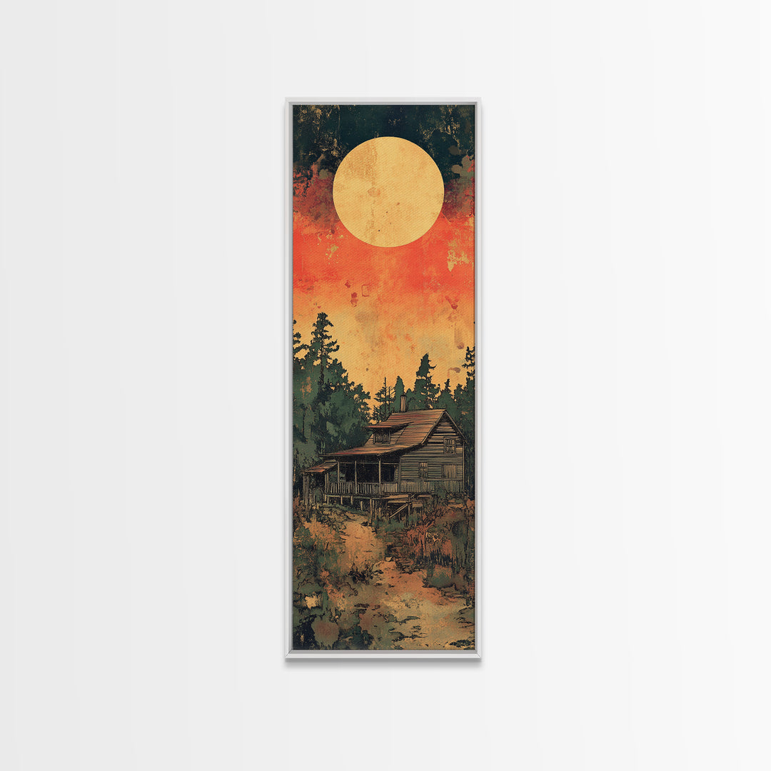 Rustic Cabin Moon Canvas Print, Japanese Forest Wall Art, Orange Sunset Landscape Decor For Cozy Cabin Living Room Wall Decor