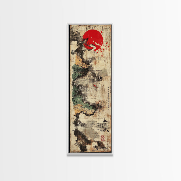 Abstract Sumi Ink Red Sun Wall Art, Japanese Minimalist Canvas Print, Wabi Sabi Decor, Modern Zen Office Wall Decor For Entryway