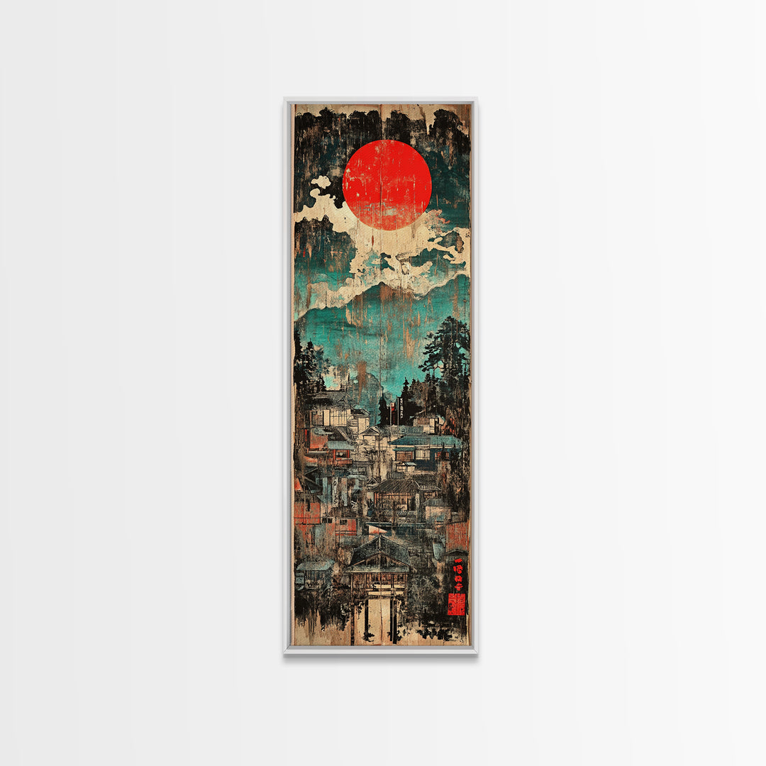 Red Sun Mountain Town Wall Art, Japanese Landscape Canvas Print, Rustic Wabi Sabi Decor, Teal Blue Living Room Wall Art Print
