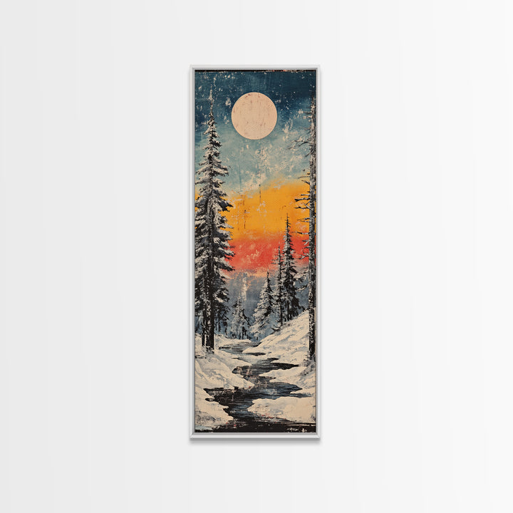 Snowy Pine Forest Moonrise Wall Art, Winter Landscape Canvas Print, Cozy Cabin Decor, Japandi Nature Art For Living Room