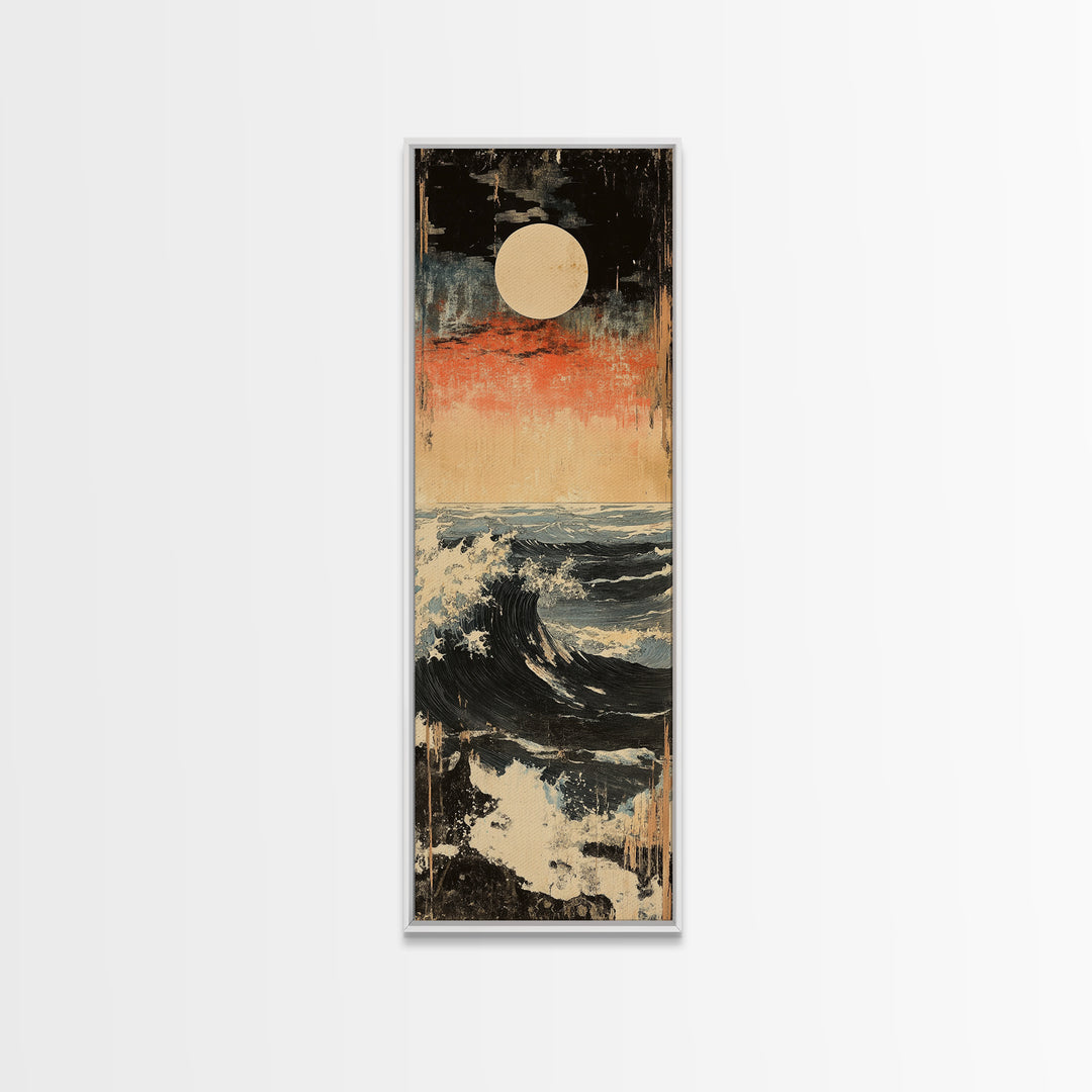 Full Moon Ocean Wave Wall Art, Japanese Seascape Canvas Print, Moody Coastal Decor, Blue Nautical Art For Living Room Decor