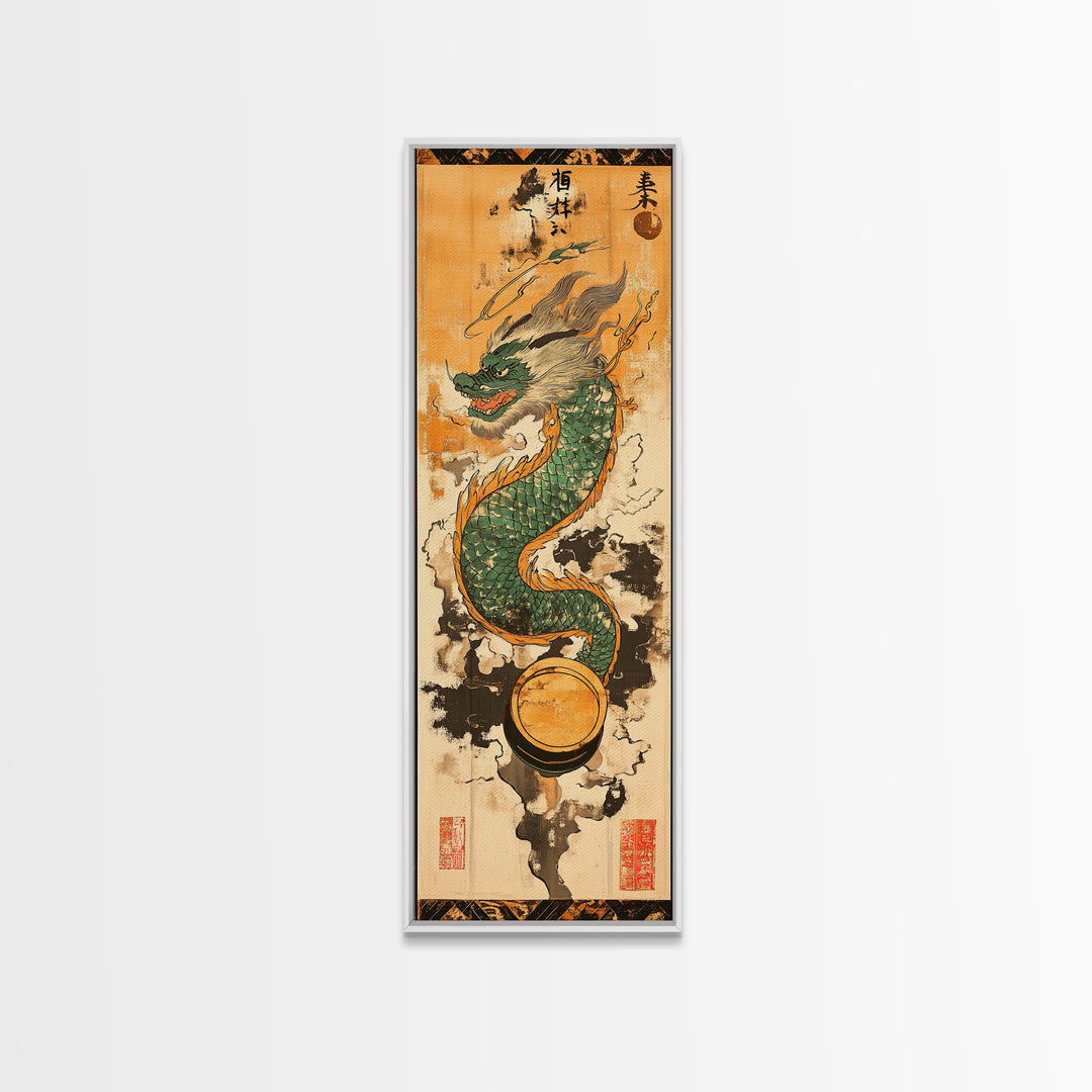 Emerald Japanese Dragon With Pearl Wall Art, Asian Fantasy Canvas Print, Mythical Creature Decor, Japanese Artwork Gift Idea