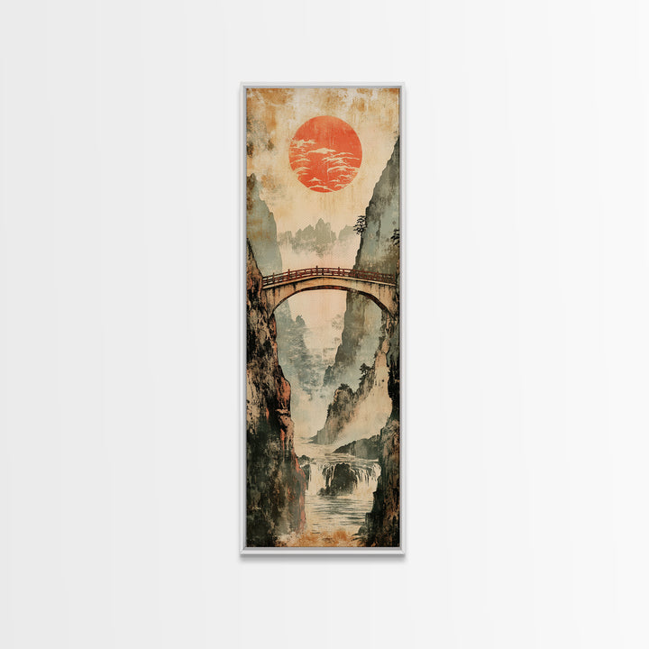 Misty Gorge Bridge And Red Sun Canvas Print, Japanese Landscape Wall Art, Zen Home Decor, Waterfall Art, Japandi Wall Decor