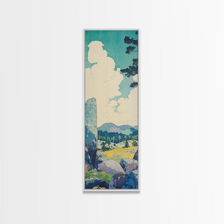Blue Sky Cloud Meadow And Stone Wall Art, Japanese Landscape Canvas Print, Minimalist Nature Art, Serene Decor, Japandi Print