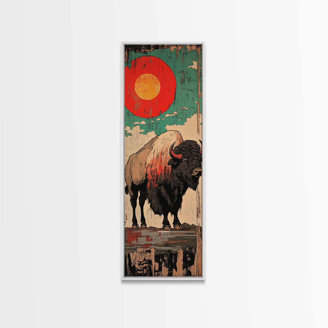 Red Sun Bison Wall Art, Bold Western Buffalo Canvas Print, Rustic Lodge Decor, Teal Desert Artwork, Housewarming Gift, Man Cave Decor
